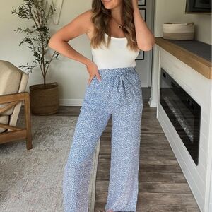 Light Blue Floral High-Waisted Wide-Leg Pants